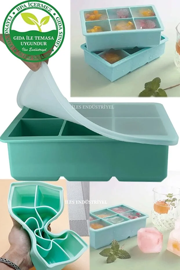 Silikon Buzluk Buz Kalıbı, 6 Bölmeli Küp, Kapaklı, Sky Blue